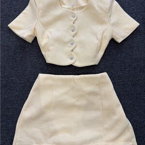 SHEIN Pale Buttercup  Yellow Textured Two-Piece Crop Button Coat & Skort Set